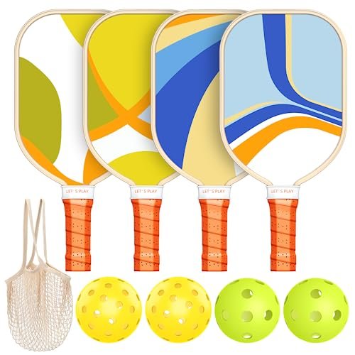Pickleball Paddles Set of 4, Premium Wood with 4 Indoor...