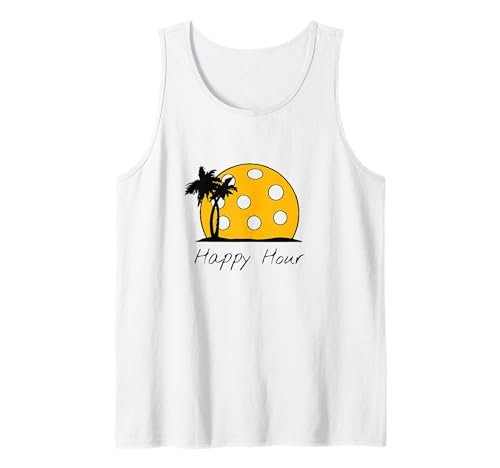Fun Pickleball Shirts, HAPPY HOUR w/ huge Pickleball sunset...